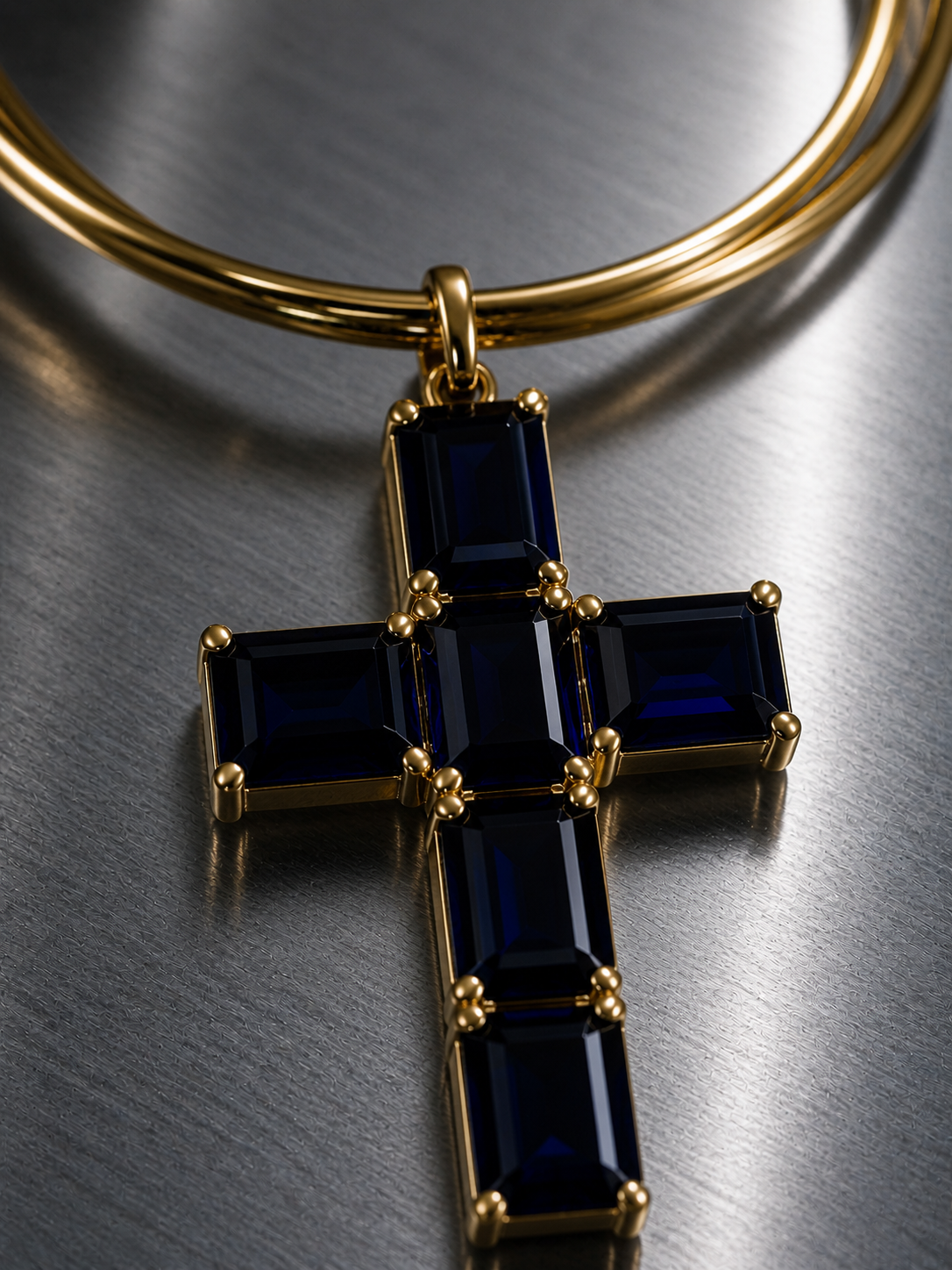 Near Earth Object Midnight Cross Choker – edgy gothic-glam double gold choker with dramatic black stone cross, worn with iridescent glitter on décolletage