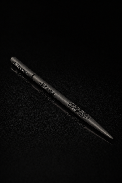 Near Earth Object | Black pen with decorative elements on a dark textured background