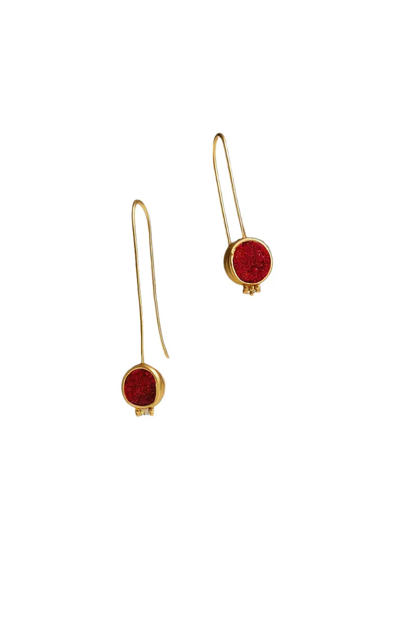 Gold earrings with lightweight long hook red gemstones drop | Statement Earrings | neo jewelry 