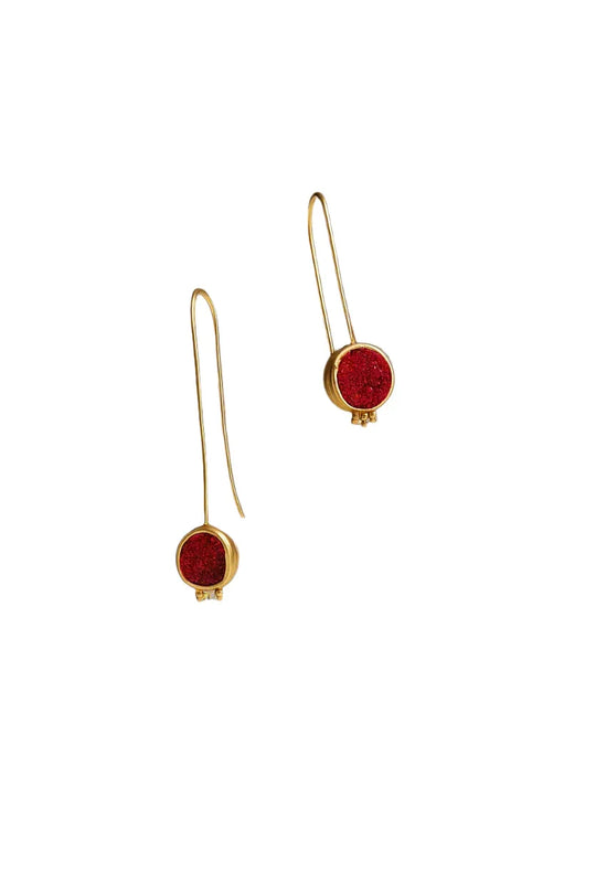 Gold earrings with lightweight long hook red gemstones drop | Statement Earrings | neo jewelry 