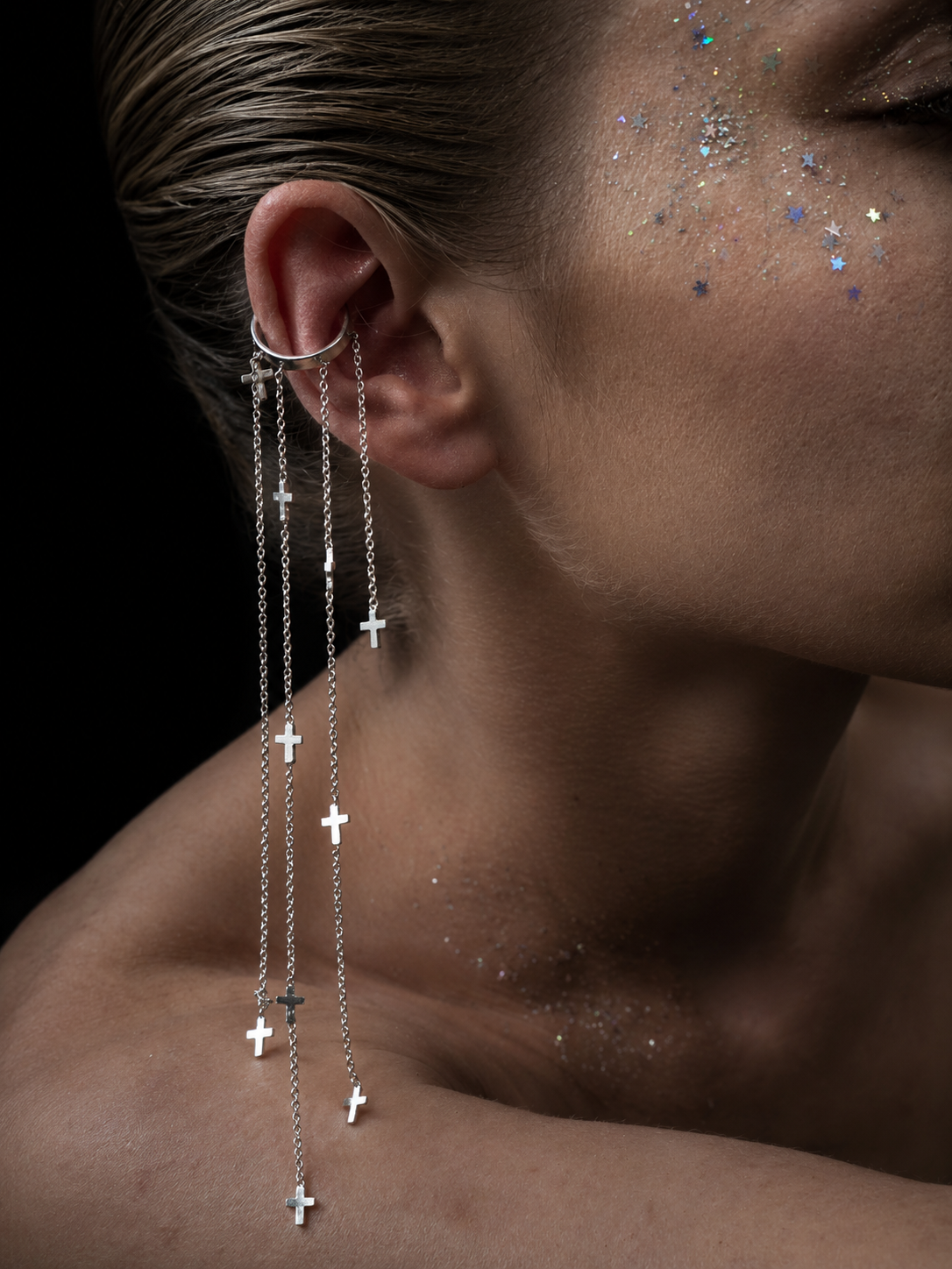 Near Earth Object Cross Cascade Cuff – silver ear cuff with multiple long dangling chains and mini cross charms