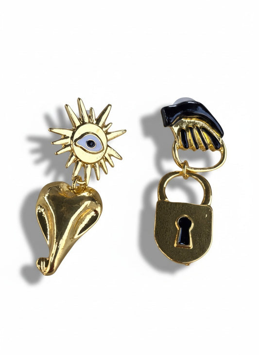 Gold symbolic earrings featuring heart, sun-eye, and lock motifs – artistic statement jewellery by Near Earth Object