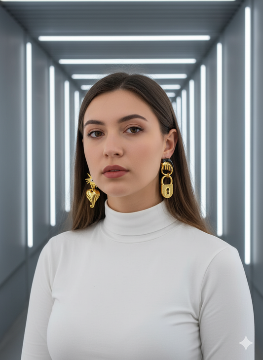 Model wearing symbolic gold lock and heart earrings in a futuristic tunnel – sculptural jewellery by Near Earth Object.