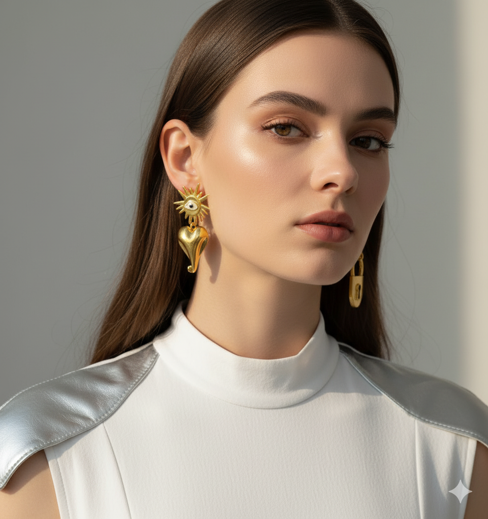 Close-up of model wearing gold symbolic lock and heart earrings – artistic statement jewellery by Near Earth Object.