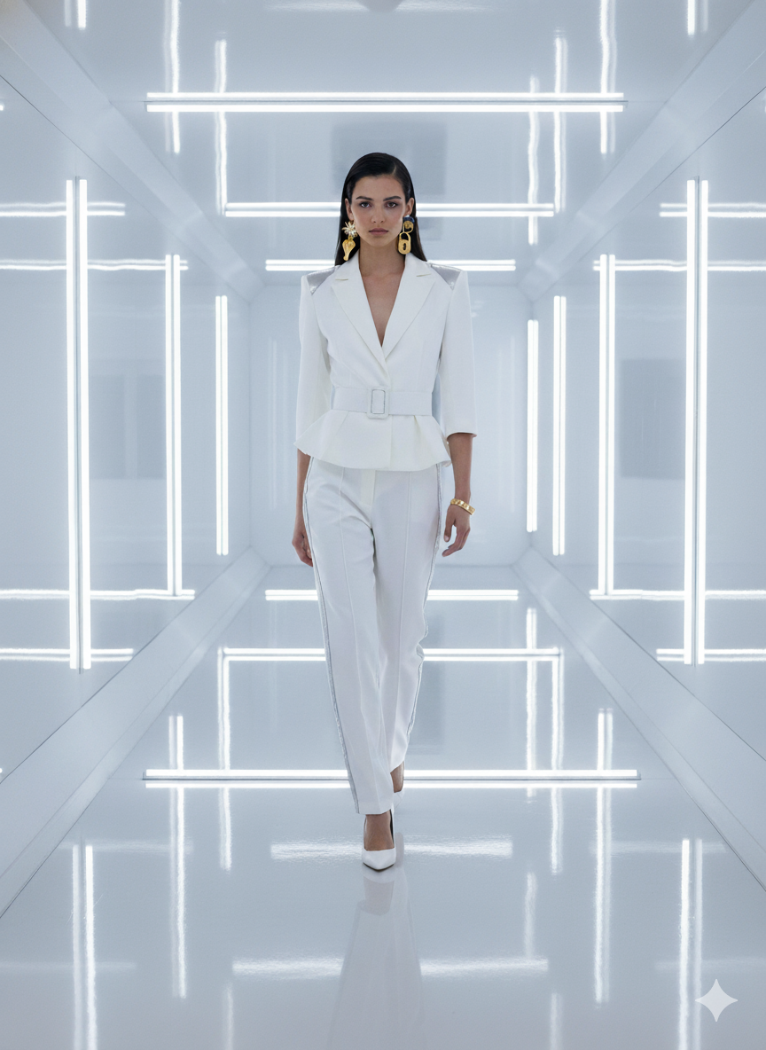 Futuristic portrait of model wearing gold symbolic lock and heart earrings – high-fashion cosmic jewellery by Near Earth Object,