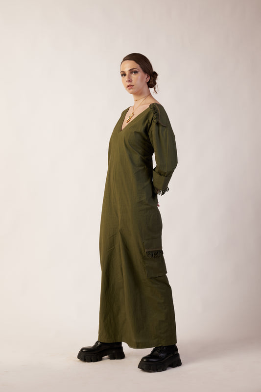 Cosmic Eclipse Jumpsuit : Woman wearing a long green dress with puffed sleeves - near Earth object | Women Jumpsuit | Pret Clothes | nEo Clothes.