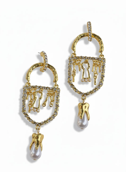Gold cage earrings with dangling pearls and crystal detailing – celestial luxury jewellery by Near Earth Object.