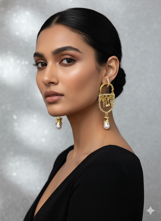 Elegant model wearing gold pearl cage earrings – premium sculptural jewellery by Near Earth Object.