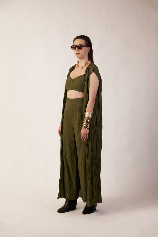 Cosmic Orbit Co-Ord Set : Woman wearing an olive green outfit with a draped design - near Earth object | Women Co-ord Set | Pret Clothes | nEo Clothes.