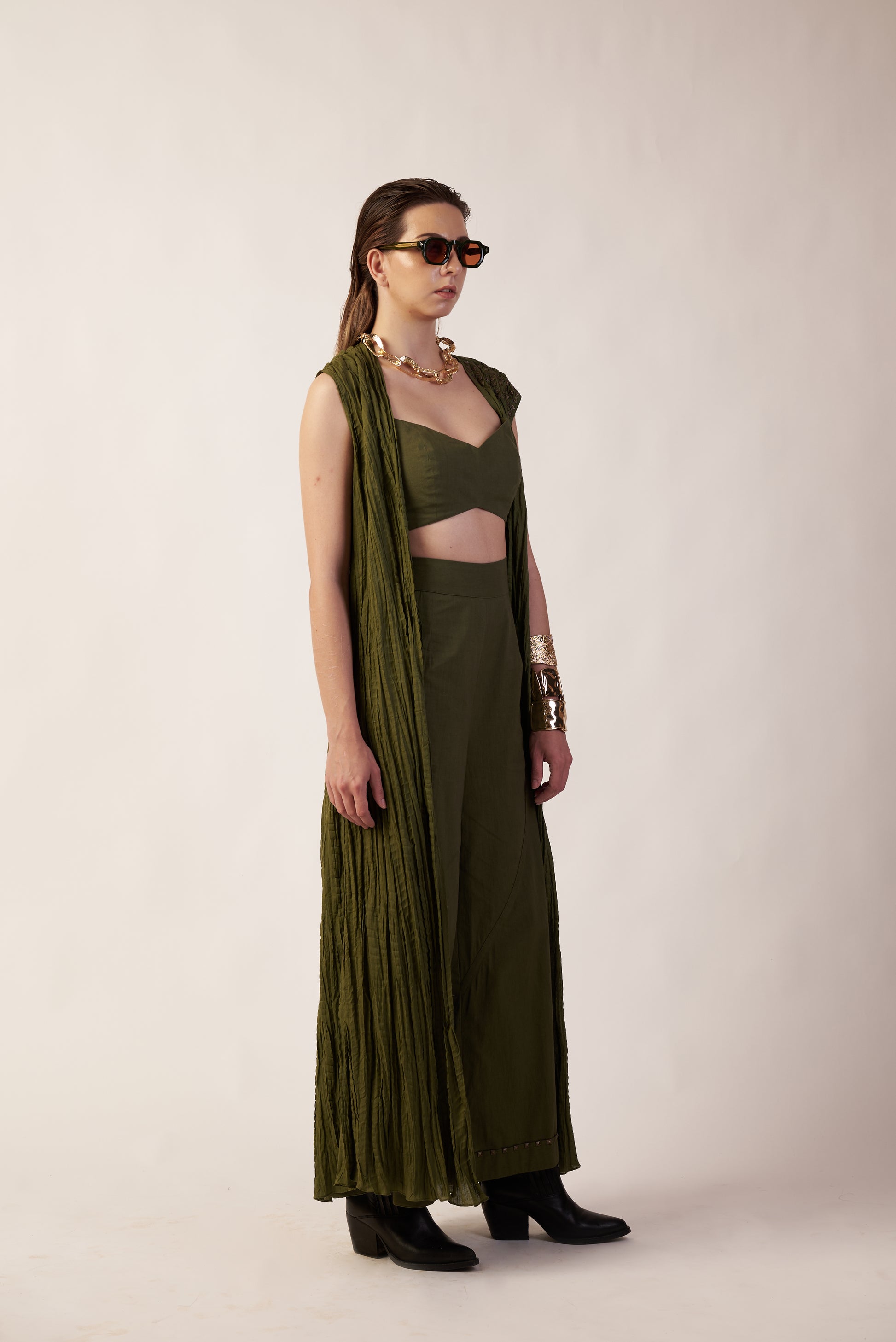 Cosmic Orbit Co-Ord Set : Woman wearing an olive green outfit with a draped garment - near Earth object | Women Co-ord Set | Pret Clothes | nEo Clothes.