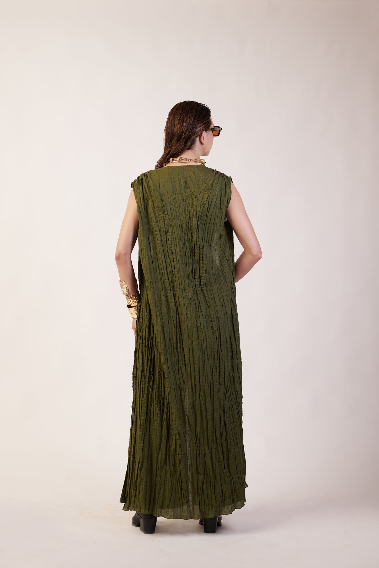 Cosmic Orbit Co-Ord Set : Woman wearing a green dress near Earth object | Women Co-ord Set | Pret Clothes | nEo Clothes.
