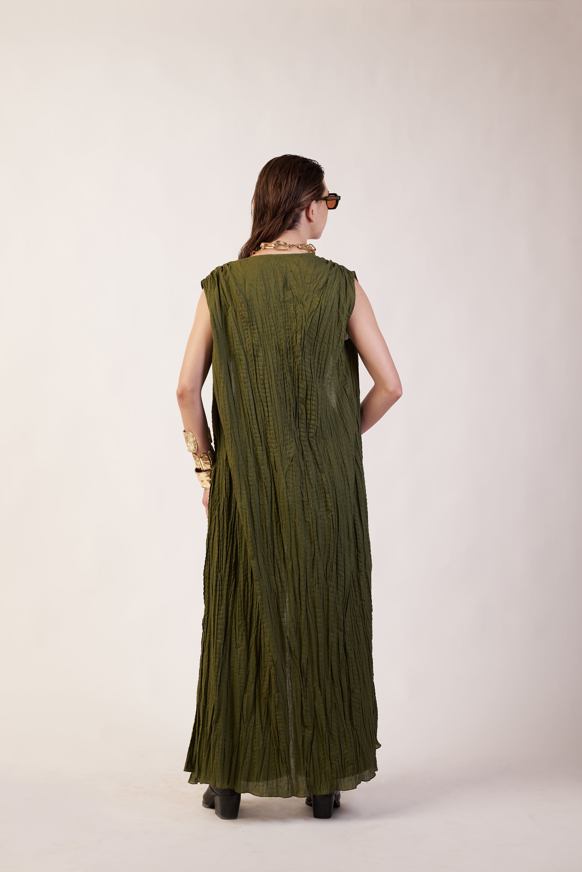 Cosmic Orbit Co-Ord Set : Woman wearing a green dress near Earth object | Women Co-ord Set | Pret Clothes | nEo Clothes.