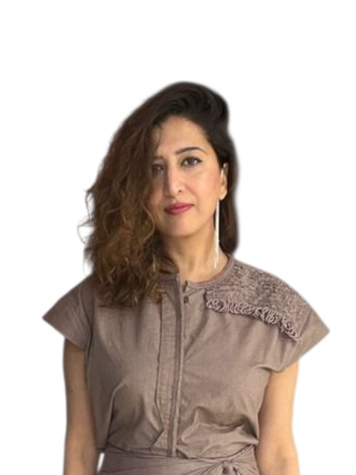 Crater Matter Top : Portrait of a woman wearing a taupe draped top with short sleeves and intricate shoulder embellishment, styled with side-parted wavy hair and a long drop earring, couture taupe gray beige Top with embellished shoulder close-up - near Earth object | Women's Top | Pret Clothes | Asymmetrical Top | nEo Clothes