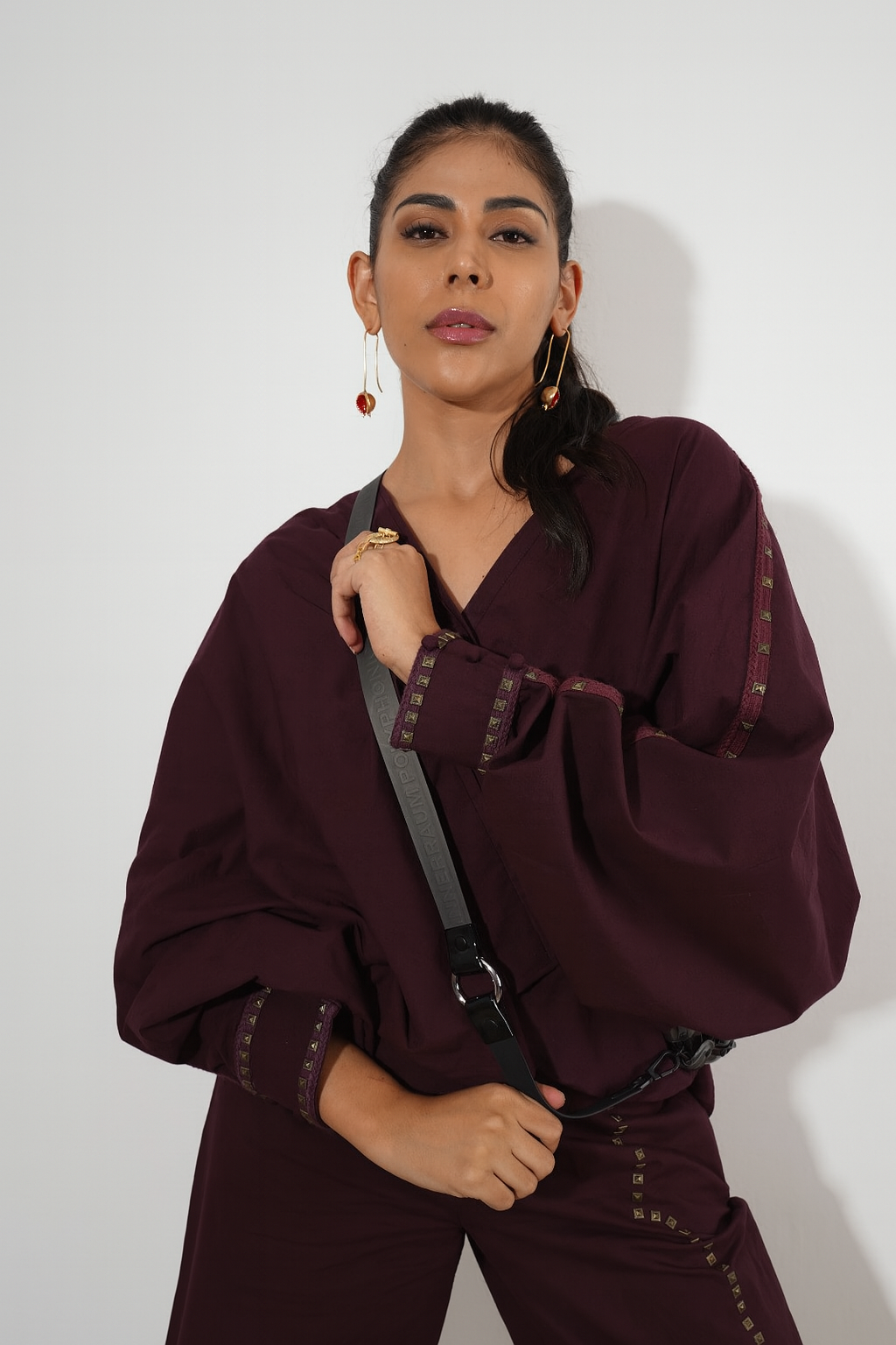 Crimson Orbit Set : Woman wearing a dark purple outfit - near Earth object  | Women Co-ord Set | Pret Clothes | nEo Clothes.