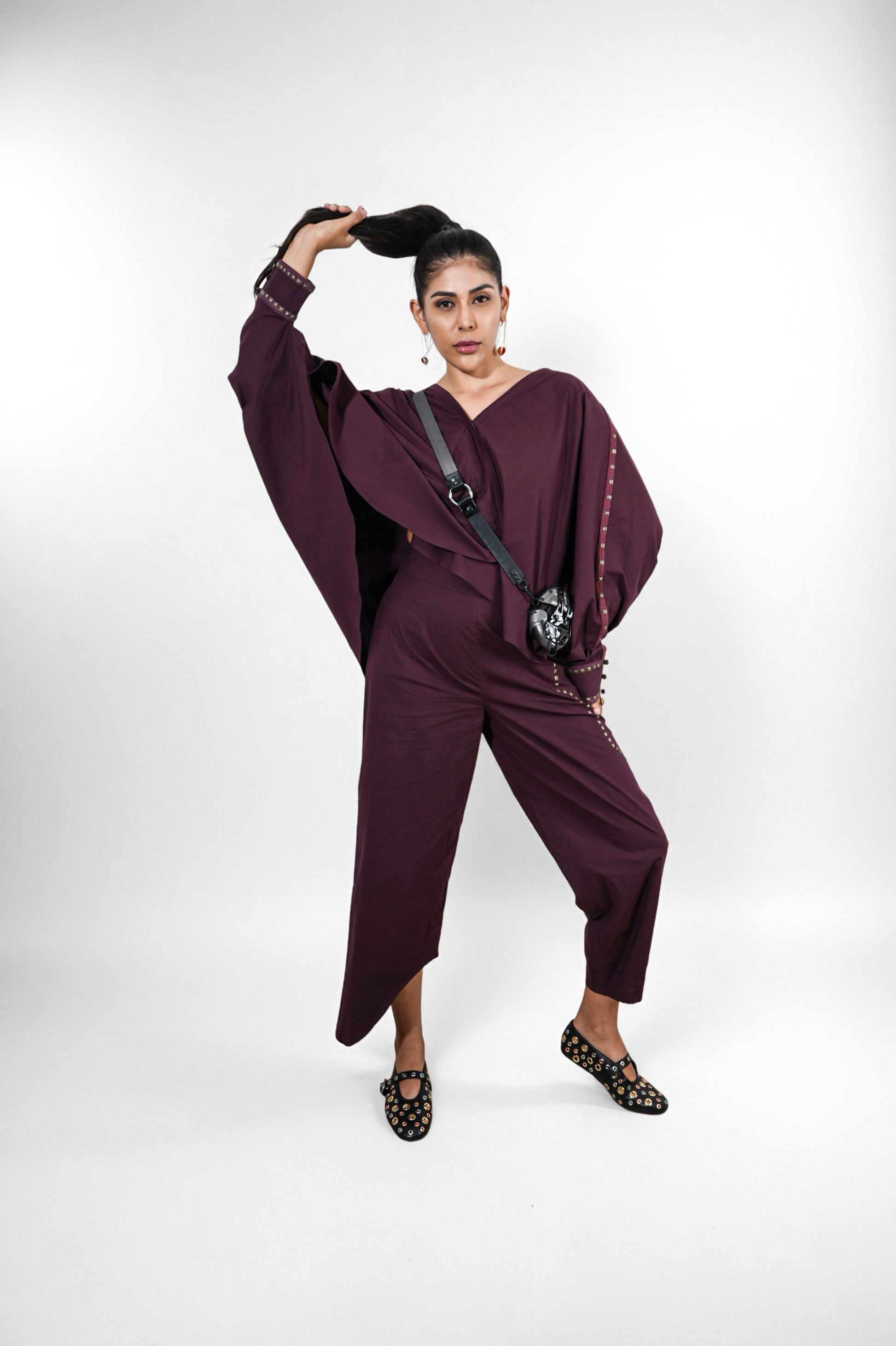 Crimson Orbit Set Woman wearing a burgundy outfit - near Earth object | Women Co-ord Set | Pret Clothes | nEo Clothes.