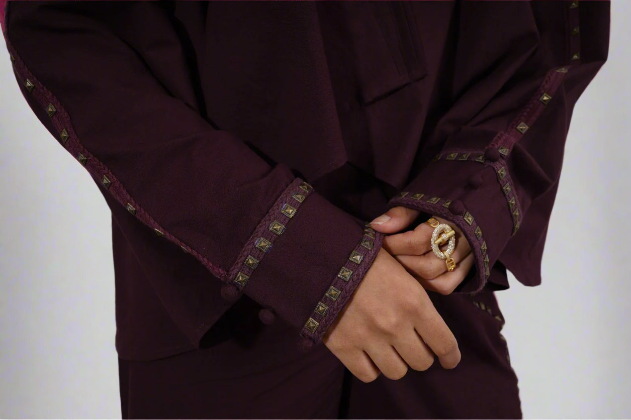 Crimson Orbit Set : Close-up of a dark purple garment with intricate detailing on cuffs and collar - near Earth object | Women Co-ord Set | Pret Clothes | nEo Clothes.