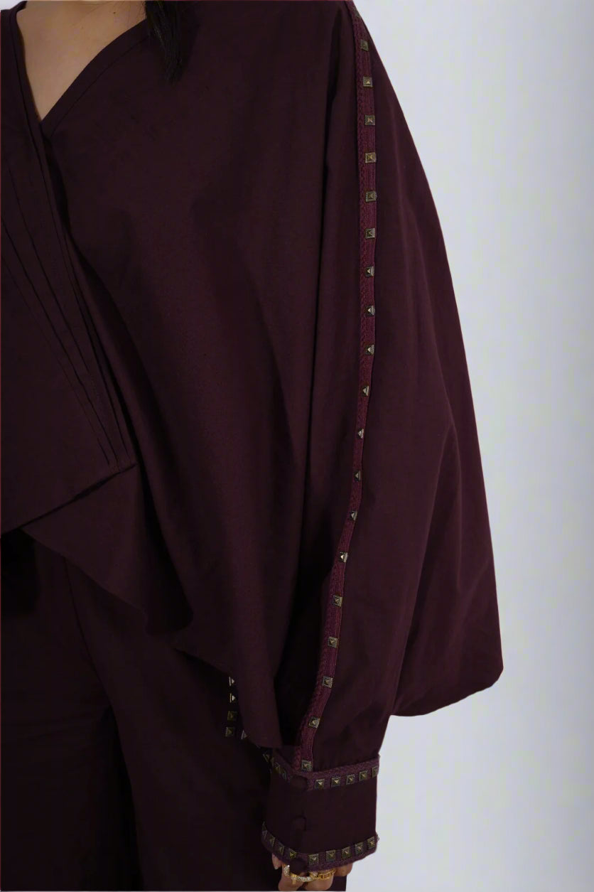 Crimson Orbit Set : Brown garment with decorative trim - near Earth object | Women Co-ord Set | Pret Clothes | nEo Clothes.