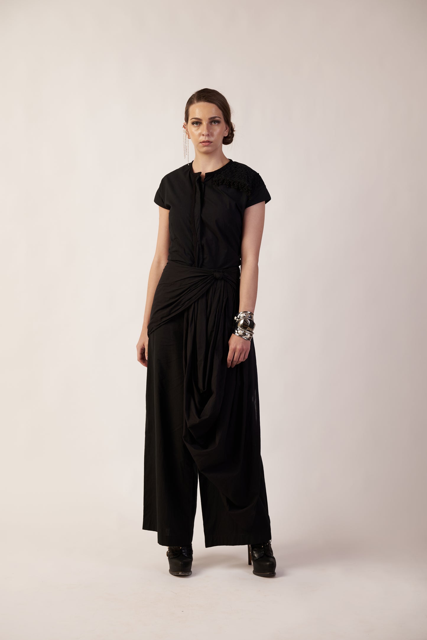 Dark Matter Set : Person wearing a black outfit with a draped design - near Earth object | Women Co-ord Set | Pret Clothes | nEo Clothes.