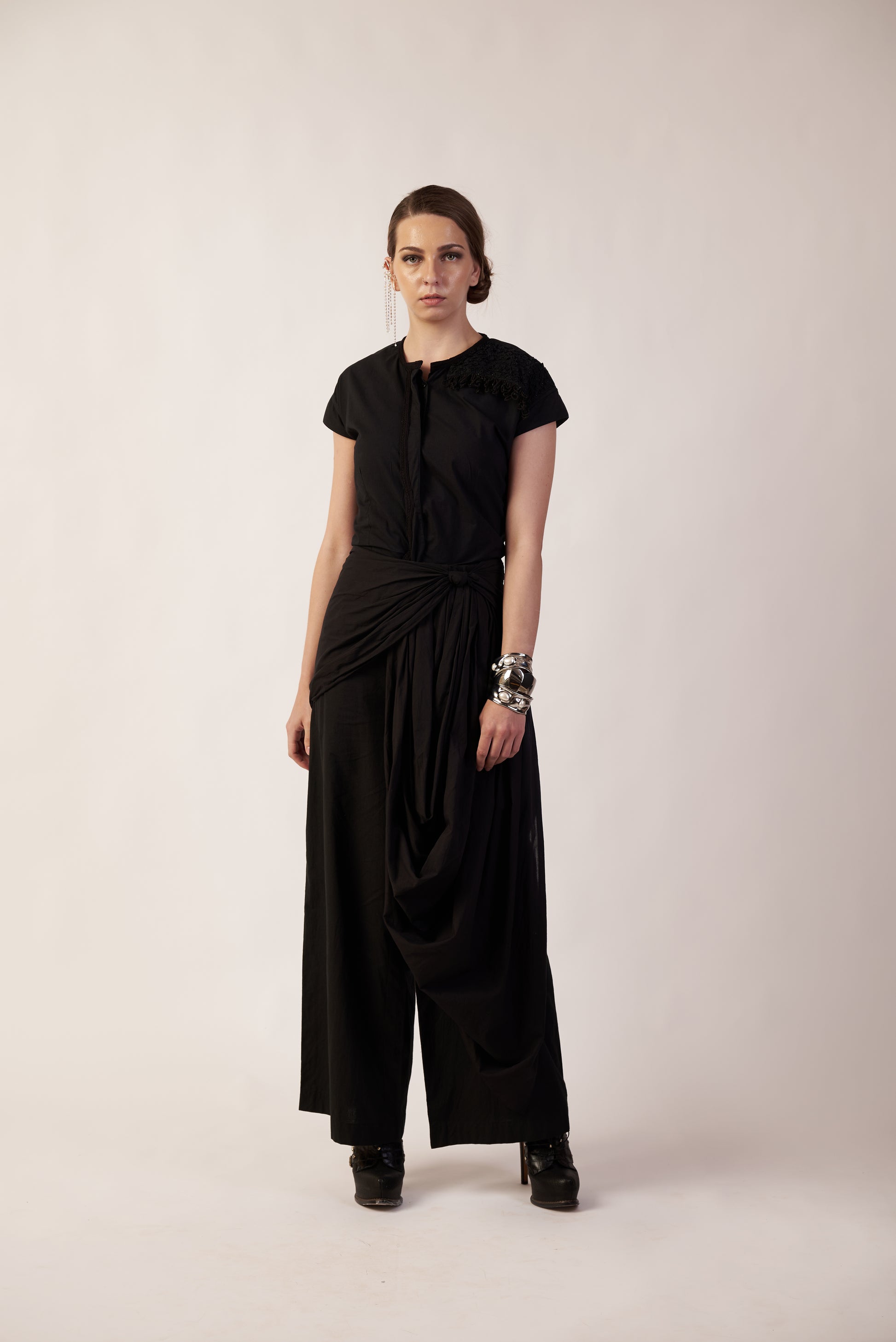 Dark Matter Set : Person wearing a black outfit with a draped design - near Earth object | Women Co-ord Set | Pret Clothes | nEo Clothes.