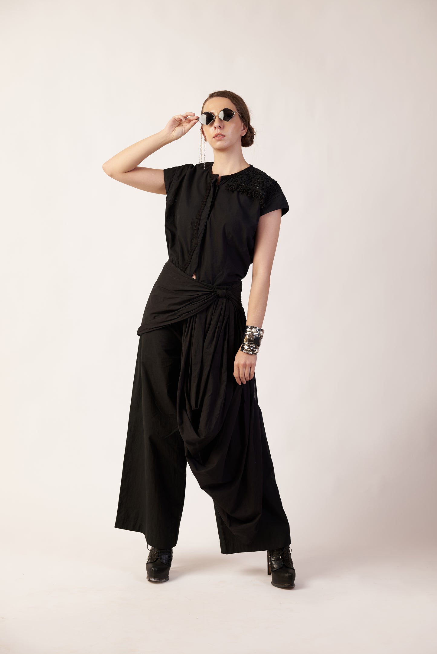 Dark Matter Set : Person wearing a black outfit with wide-leg pants - near Earth object | Women Co-ord Set | Pret Clothes | nEo Clothes.