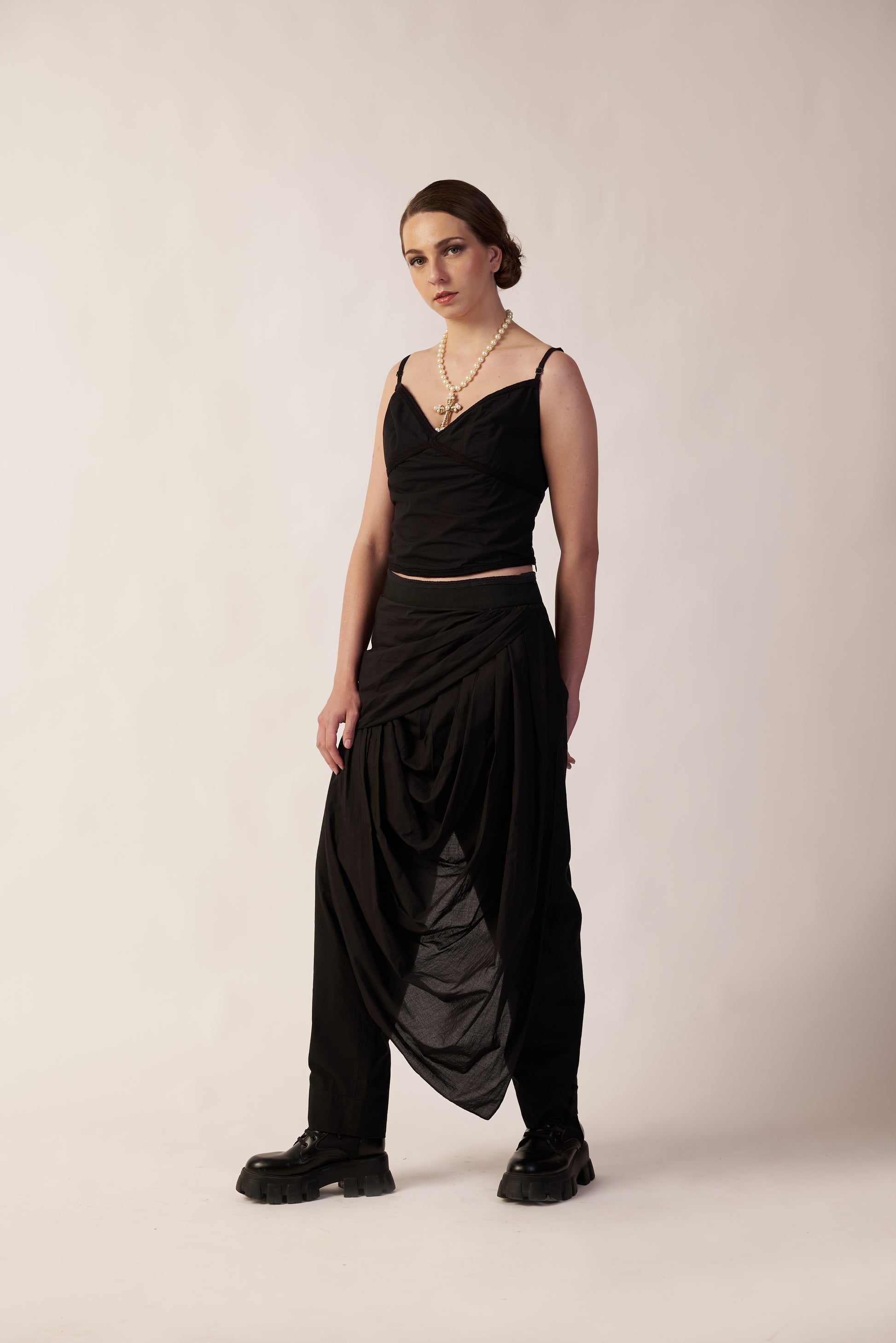 Dark Matter Set : Woman wearing a black outfit with a draped skirt - near Earth object | Women Co-ord Set | Pret Clothes | nEo Clothes.