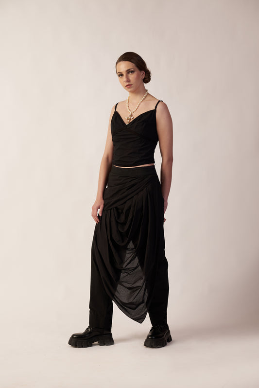 Dark Matter Set : Woman wearing a black outfit with a draped skirt - near Earth object | Women Co-ord Set | Pret Clothes | nEo Clothes.