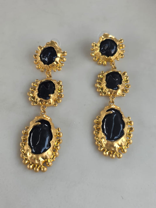 Gold textured cameo earrings with black oval centres – vintage-inspired statement jewellery by Near Earth Object.