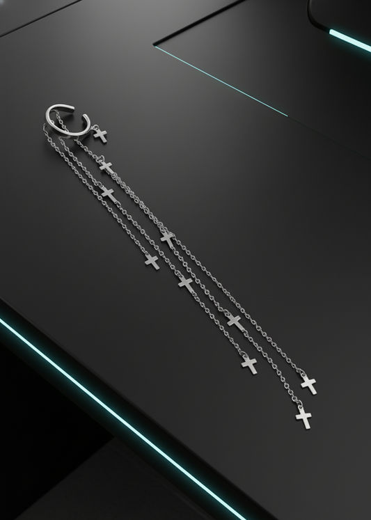 Galactic Relic long chain cross earrings on futuristic black surface – celestial silver jewellery by Near Earth Object