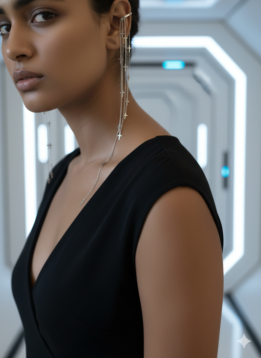 Model wearing Galactic Relic long chain cross earrings in a futuristic sci-fi corridor – silver statement jewellery by Near Earth Object