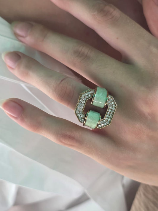 Mint enamel statement ring with diamond accents in a bold geometric open-band design
