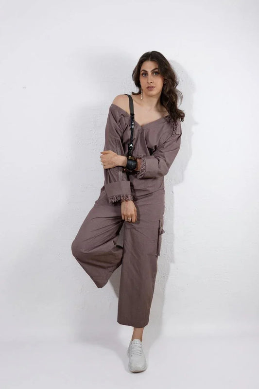 Dust Moon Jumpsuit : Woman wearing a Grey jumpsuit comfortable wide-leg jumpsuit outfit for women style - near Earth object | Women Jumpsuit | Pret Clothes | nEo Clothes.