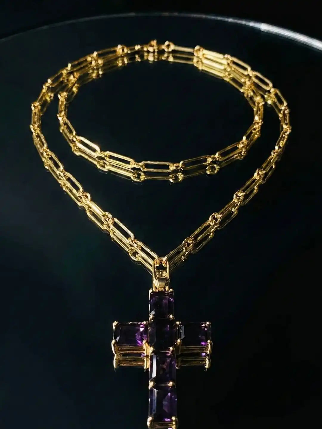  Gold Plated Cross Statement Long Chain Necklace with CZstone - Eclipse Crox
