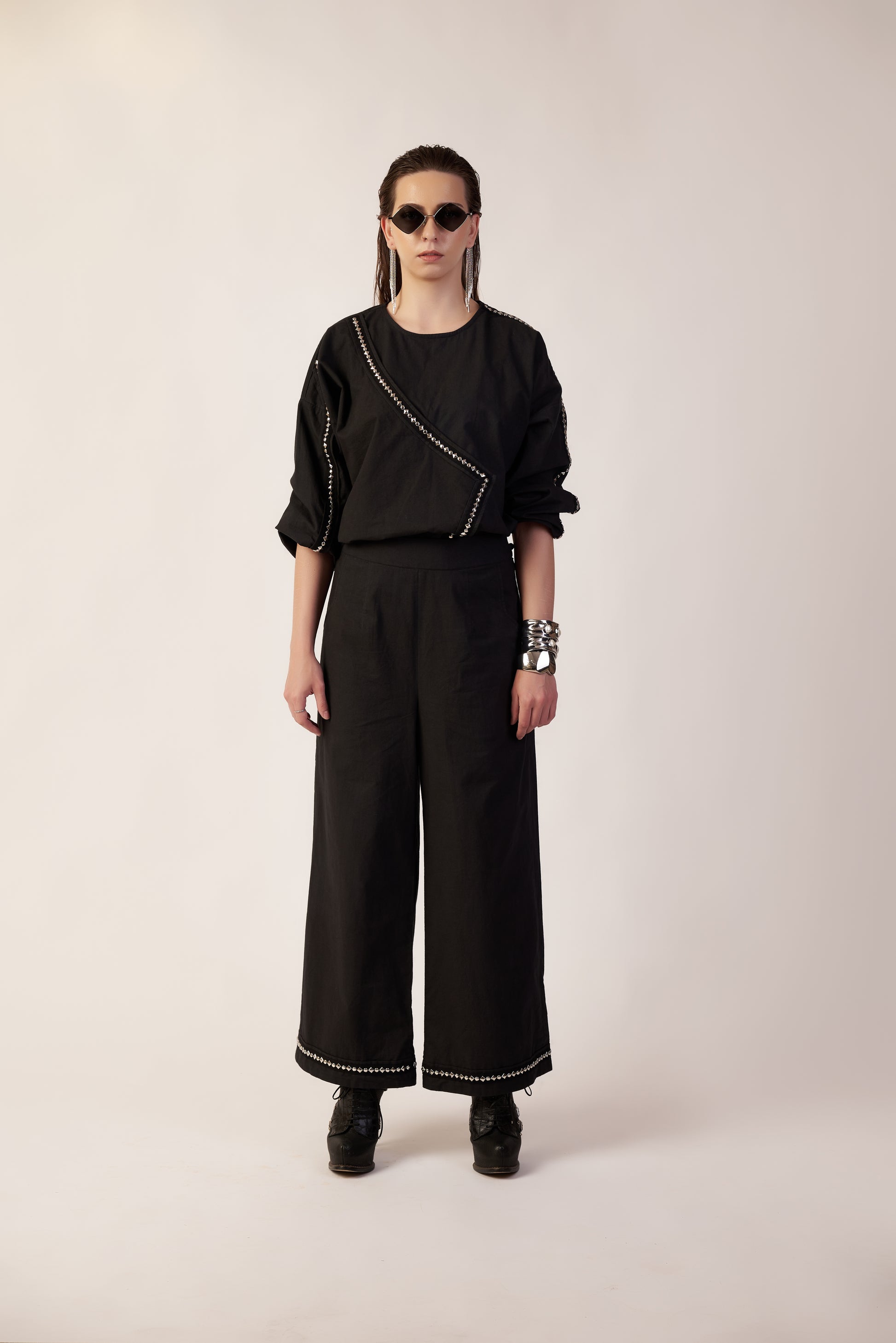 Eclipse Set : Person wearing a black outfit with wide-leg pants - near Earth object | Women Co-ord Set | Pret Clothes | nEo Clothes.