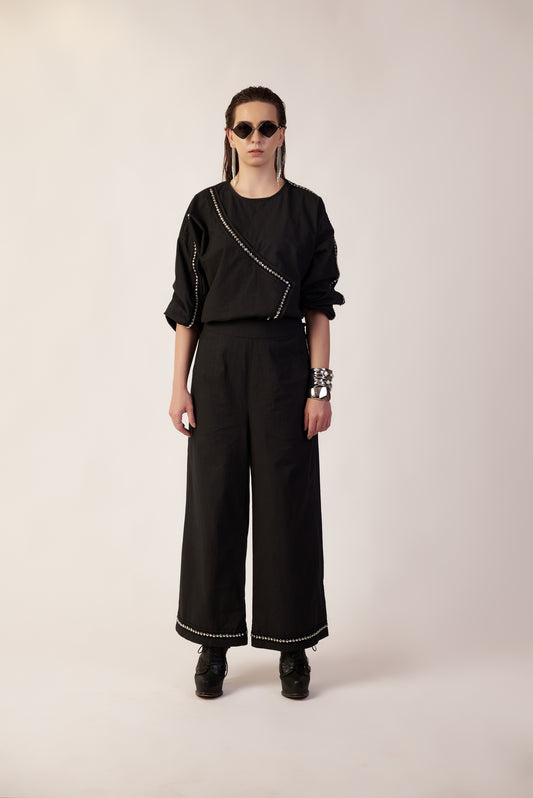 Eclipse Set : Person wearing a black outfit with wide-leg pants - near Earth object | Women Co-ord Set | Pret Clothes | nEo Clothes.