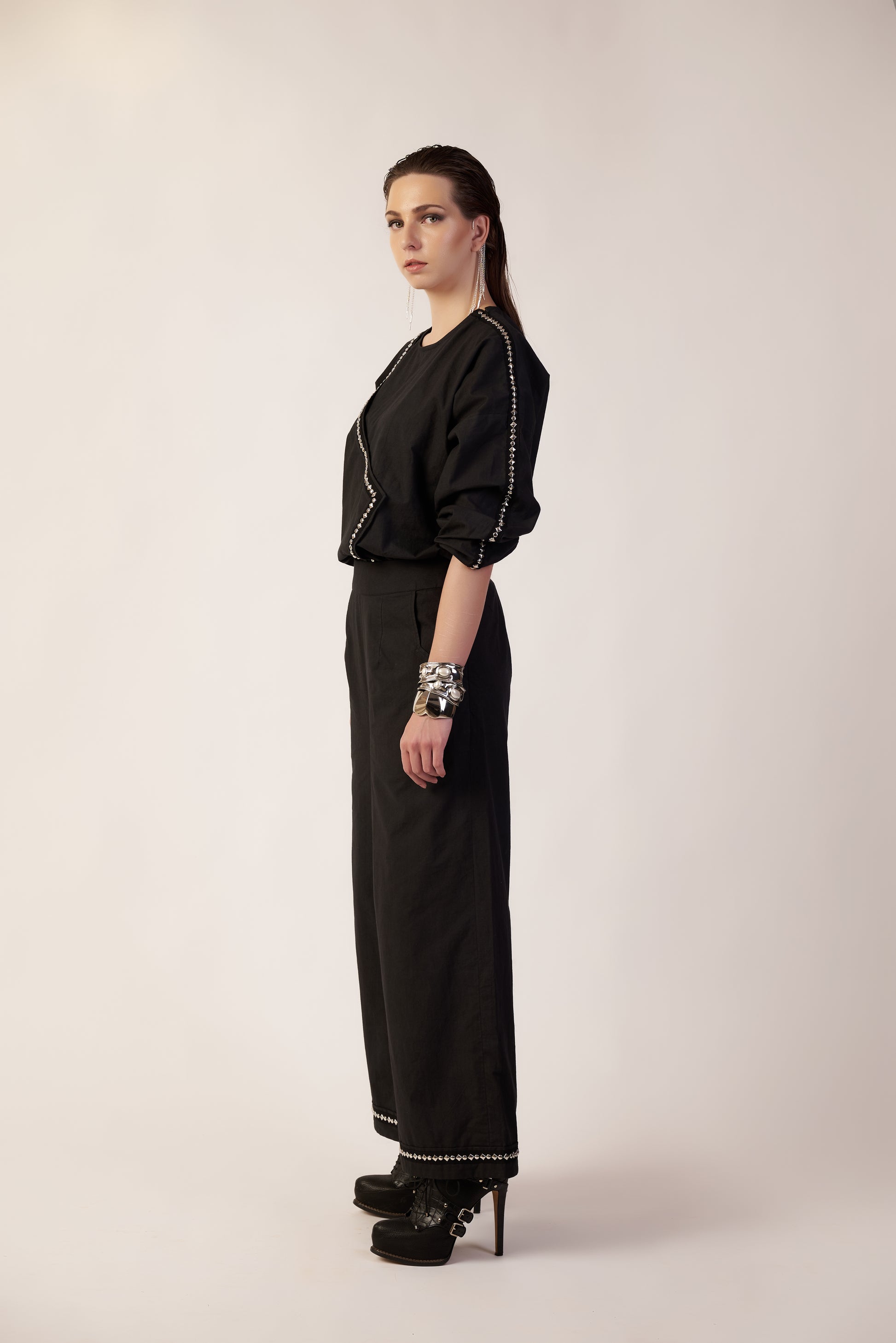 Eclipse Set : Woman wearing a black outfit with white trim - near Earth object | Women Co-ord Set | Pret Clothes | nEo Clothes.