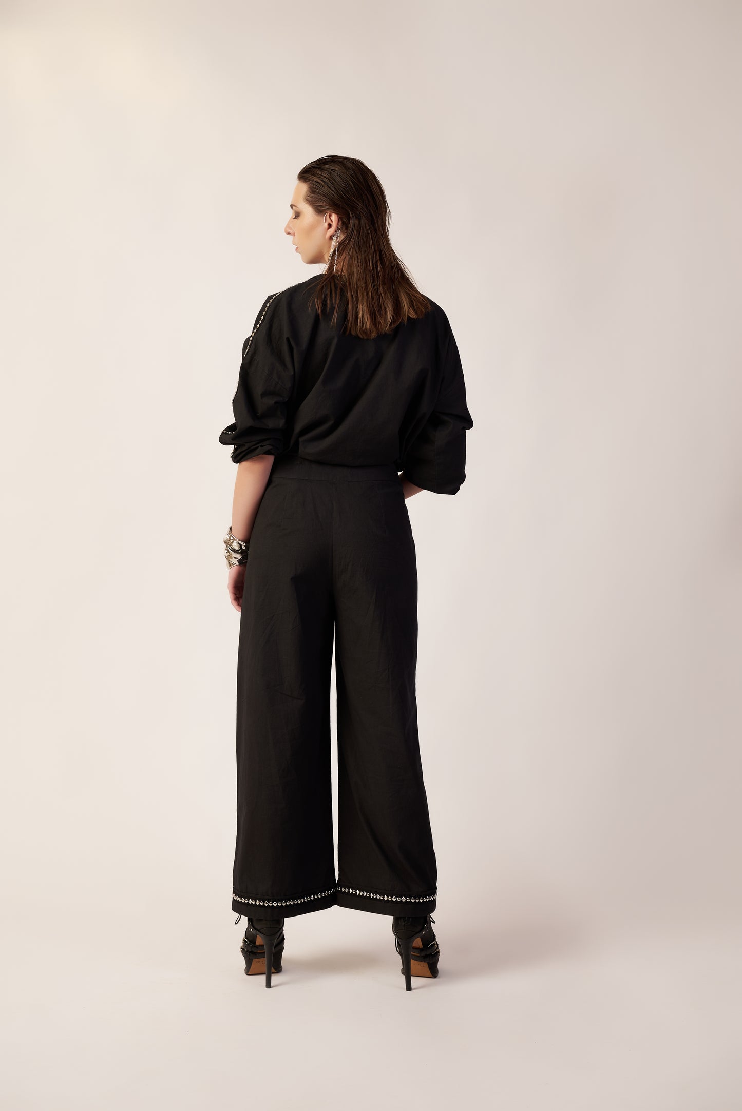 Eclipse Set : Woman wearing a black outfit with wide-leg pants  | Women Co-ord Set | Pret Clothes | nEo Clothes.