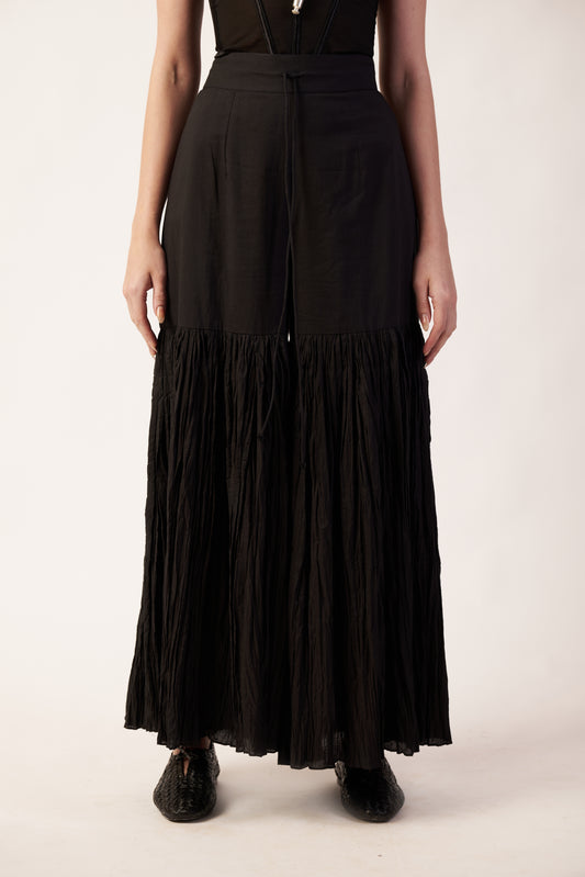 Eclipse Veil Pant : Black pleated Pant worn by a person - near Earth object | Women's Pants | Bottoms | Pret Clothes | nEo Clothes.