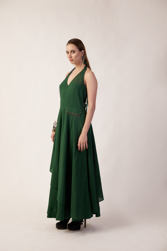 Emerald Comet Woman wearing a dark green dress with intricate detailing - near Earth object | Women Dresses | Pret Clothes | nEo Clothes.