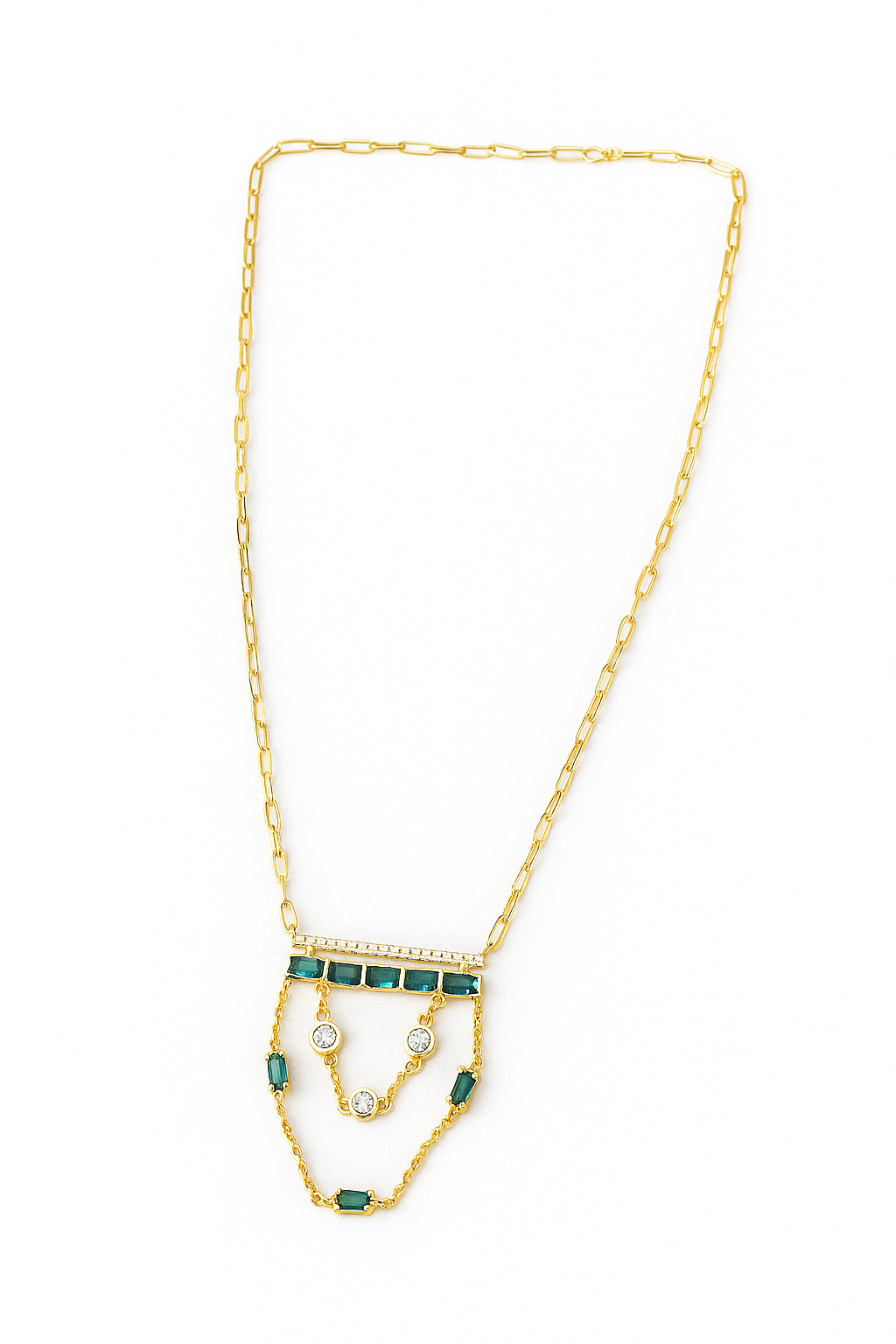 Gold layered necklace featuring emerald green baguette stones and double-chain design – statement modern neckpiece by Near Earth Object.