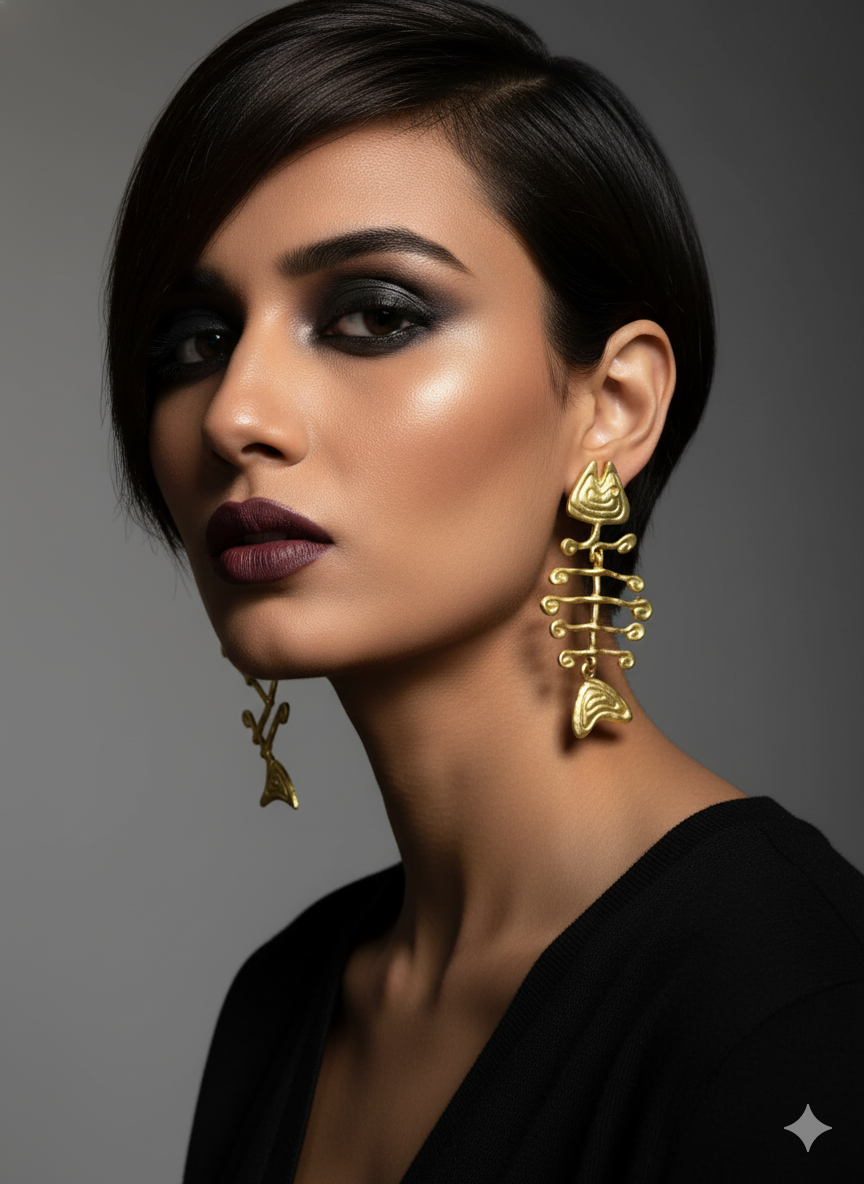 Model wearing gold tribal geometric earrings – bold sculptural jewellery styling by Near Earth Object.
