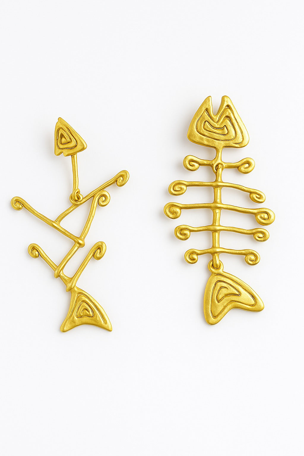 Gold tribal abstract earrings with geometric sculptural forms – artistic statement jewellery by Near Earth Object.