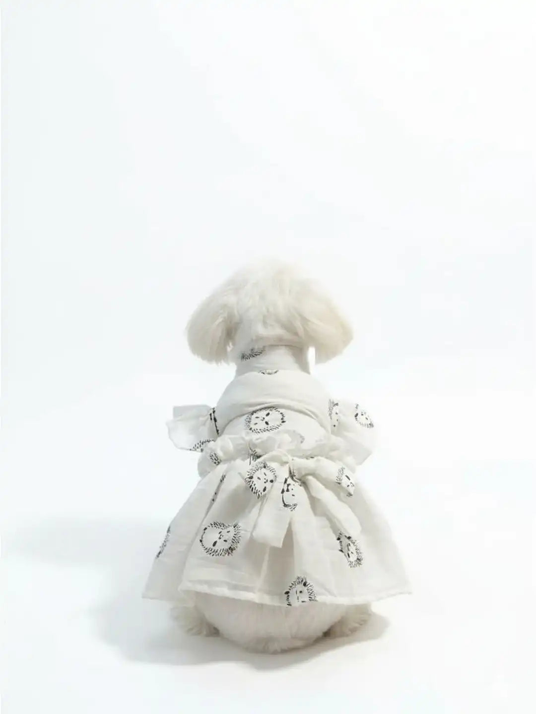 Small dog wearing a decorative white outfit with black patterns 