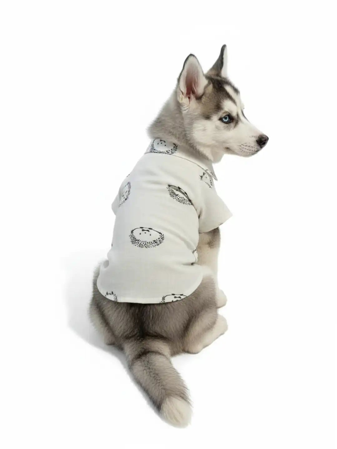 Dog wearing a white shirt with black patterns 