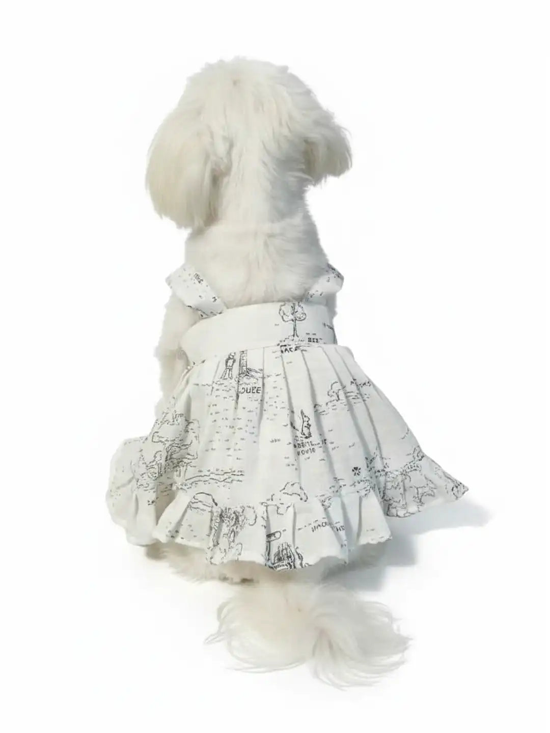 White dog wearing a black and white patterned skirt 