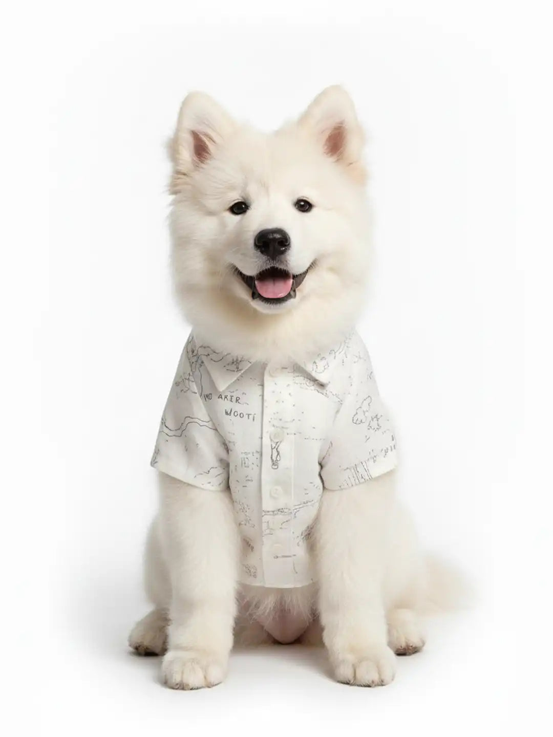 White dog wearing a patterned shirt 