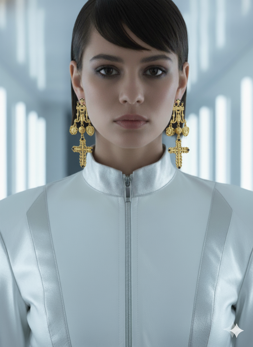 Futuristic model wearing gold cascading cross earrings – high-fashion cosmic jewellery by Near Earth Object.