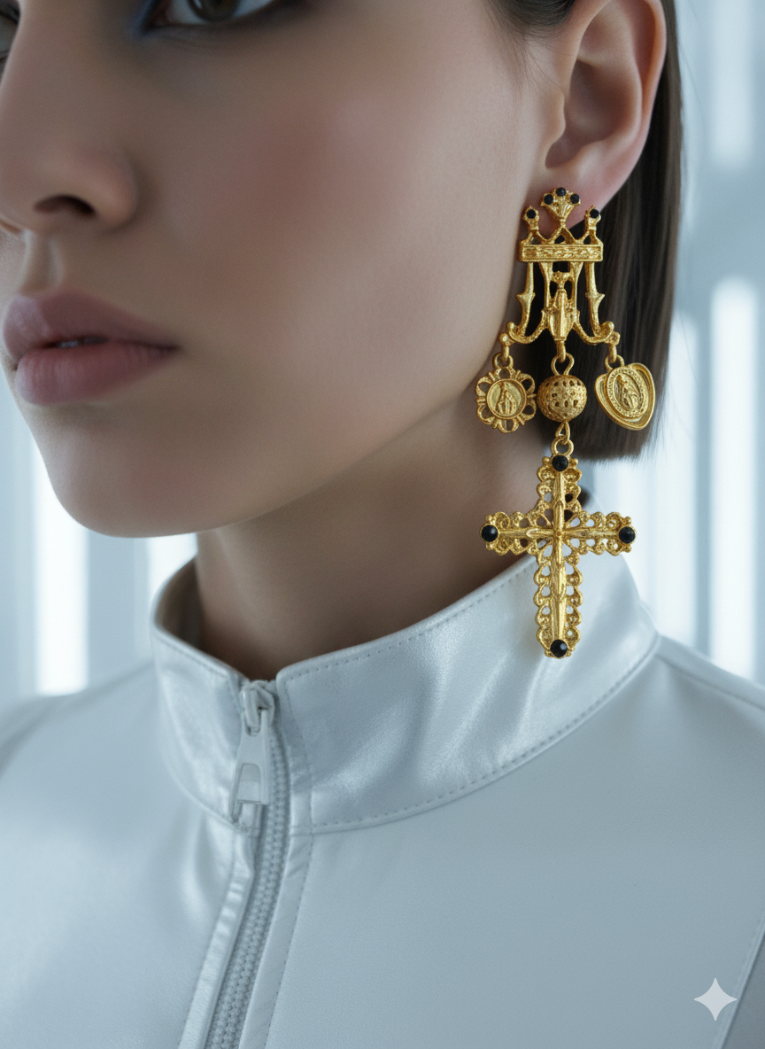 Close-up of model wearing gold cascading cross earrings – luxury sculptural jewellery by Near Earth Object.