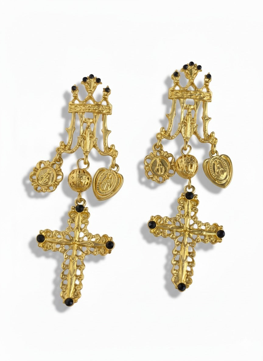 Gold cascading cross earrings with textured detailing – celestial statement jewellery by Near Earth Object.