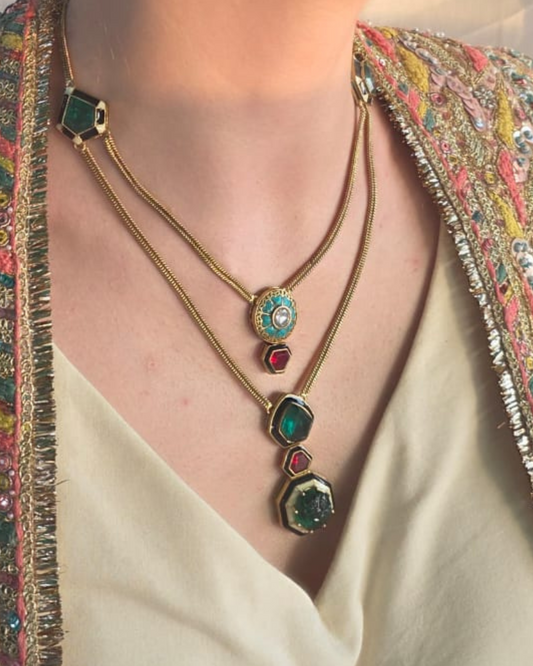 Green Gemstone Shahi Vilas Set Necklace & Earrings - Heritage Jewellery by nEo