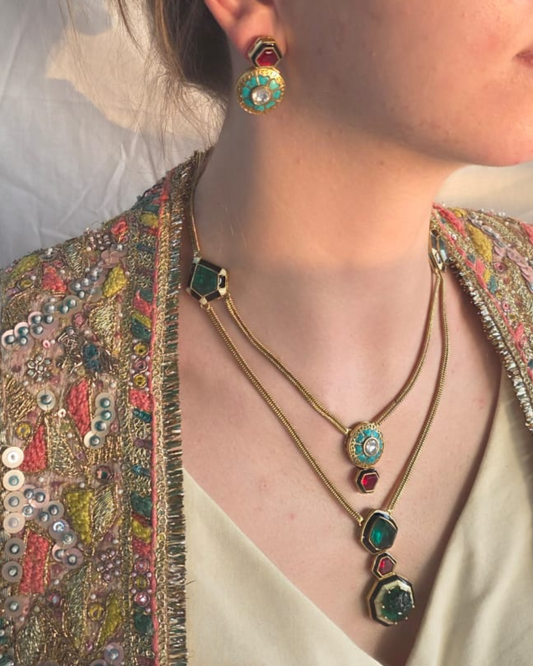 Green Gemstone Shahi Vilas Set Necklace & Earrings - Heritage Jewellery by nEo